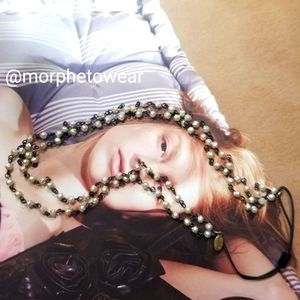 Vintage Colette Malouf headband petite white beads brass accent velvet attachmnt